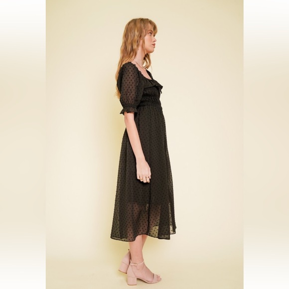 719. Hem & Thread Black Chiffon Midi Dress Smocked Ruffle Sleeve NEW Item - Picture 6 of 9